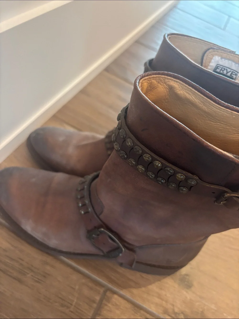Frye Brown Jayden Studded Harness Mid-Calf Boots